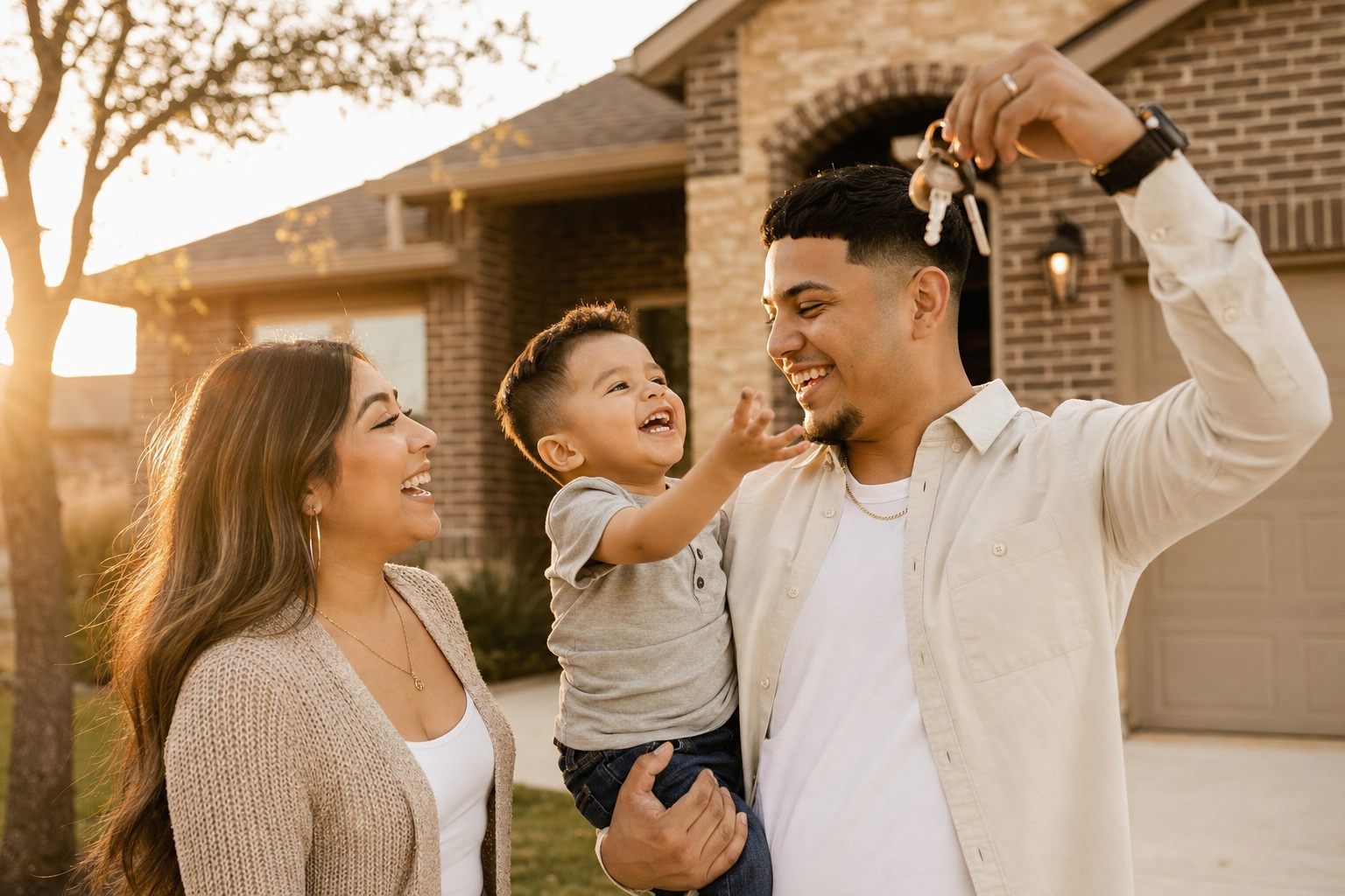 A young family celebrating the keys to their new home
